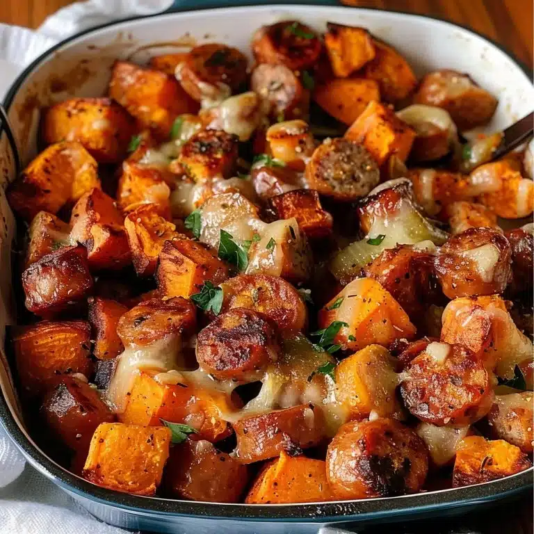 One-pan sausage and sweet potato bake prepared for a healthy dinner