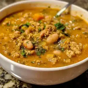 Bowl of protein-packed turkey pumpkin white bean chili topped with herbs
