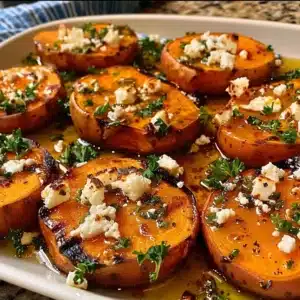Delicious roasted sweet potato rounds drizzled with honey and topped with feta cheese.