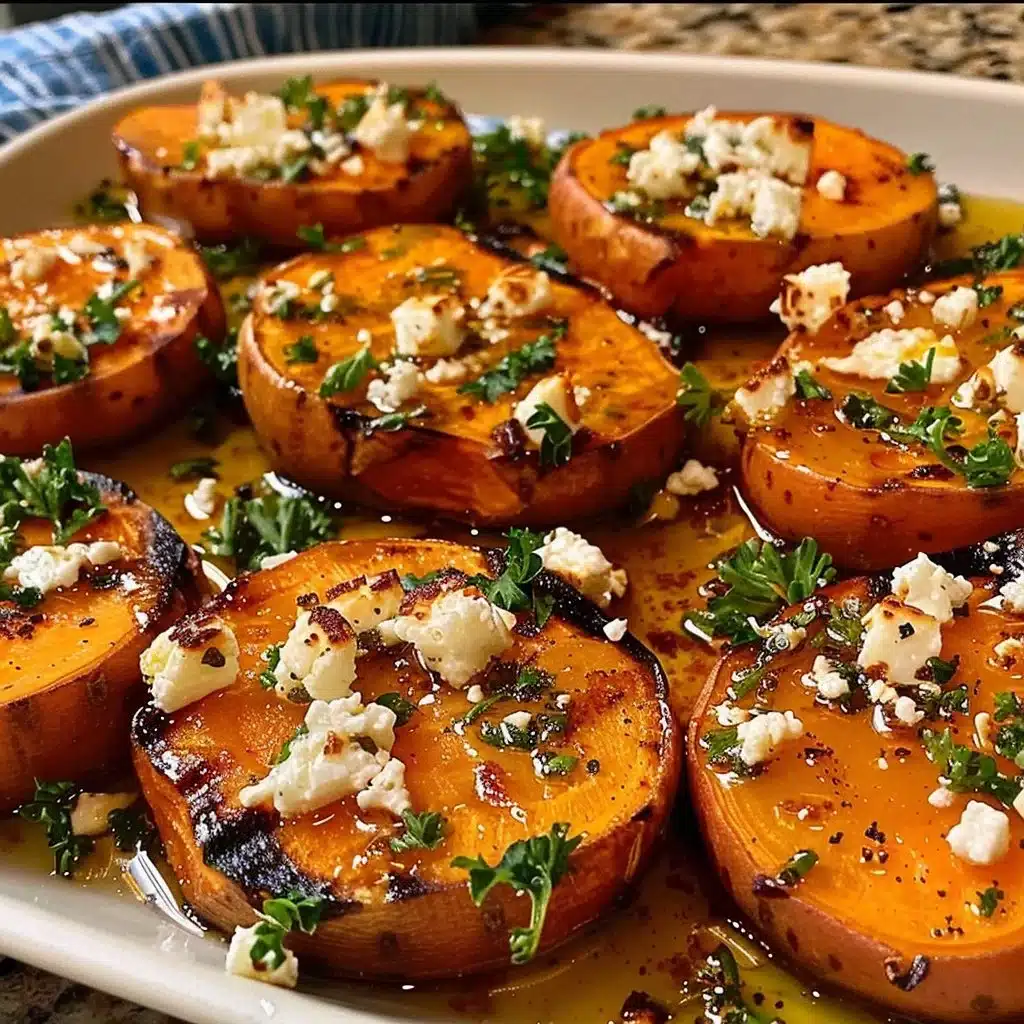 Delicious roasted sweet potato rounds drizzled with honey and topped with feta cheese.