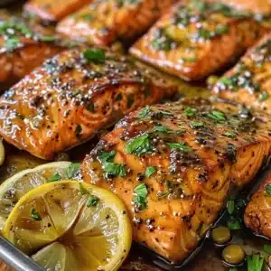 Sheet pan maple dijon glazed salmon with vegetables ready to serve