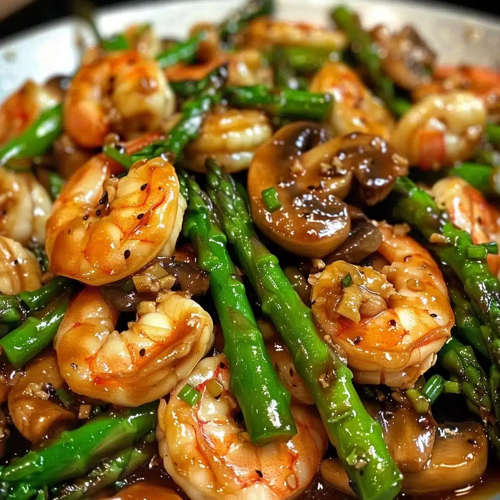 Shrimp and asparagus stir-fry with mushrooms in a colorful dish