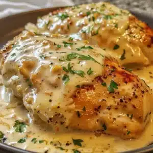 Smothered Sour Cream Chicken 3 Smothered sour cream chicken served on a plate with garnishes