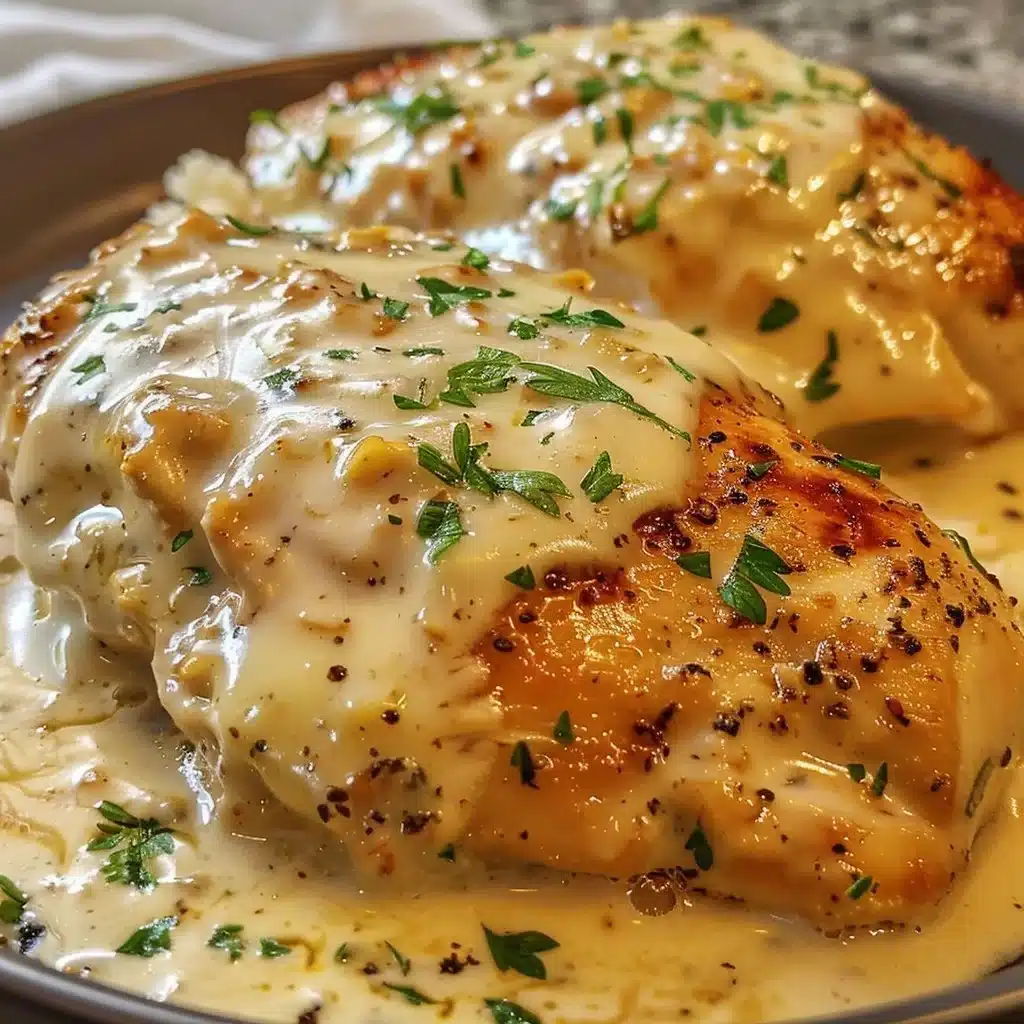 Smothered Sour Cream Chicken 1 Smothered sour cream chicken served on a plate with garnishes