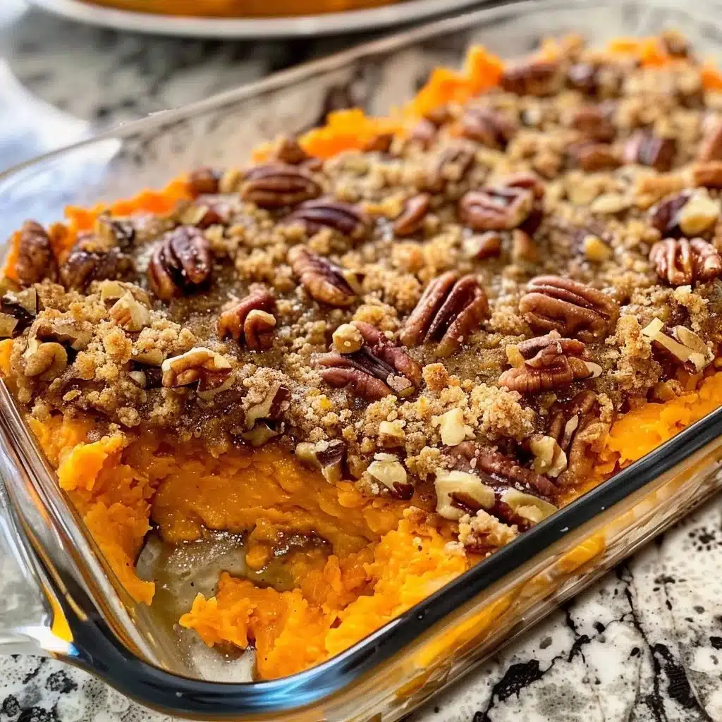 Southern sweet potato casserole topped with pecans in a baking dish