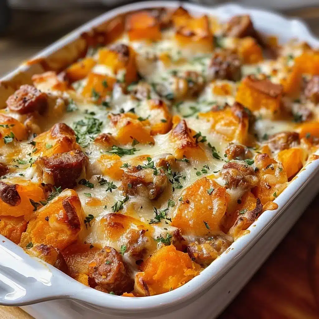 Sweet Potato and Sausage Casserole served in a dish, garnished and ready to enjoy.