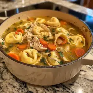 Bowl of delicious Tortellini Chicken Soup with fresh herbs and ingredients