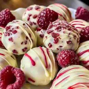 White Chocolate Raspberry Cheesecake Balls Recipe 3 Delicious white chocolate raspberry cheesecake balls on a plate.