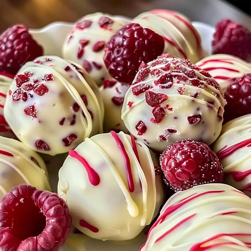 White Chocolate Raspberry Cheesecake Balls Recipe 1 Delicious white chocolate raspberry cheesecake balls on a plate.